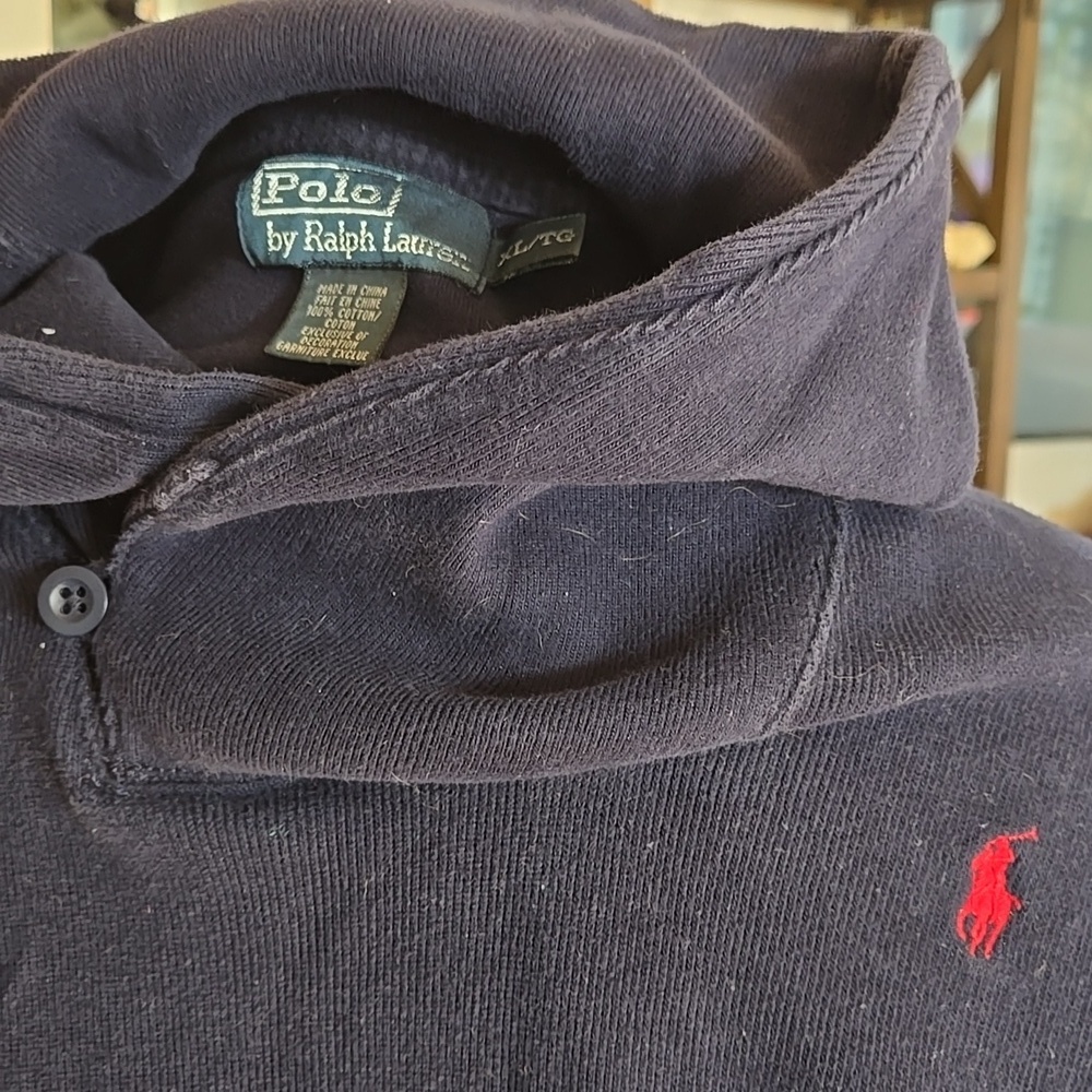 Ralph Lauren Dark Blue Pullover with Red Emblem Shawl Funnel Neck Mens XL Navy - Picture 2 of 8